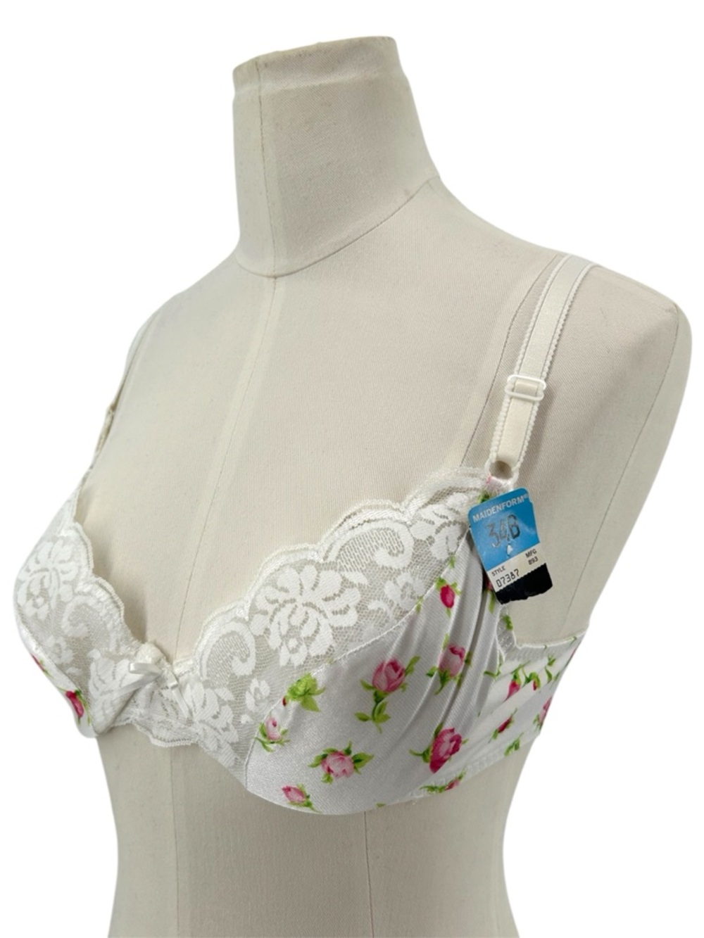 NWT Vtg 90s Maidenform White Rose Print Lace Trim Satin Chantilly Demi-Bra 34B - Picture 3 of 11